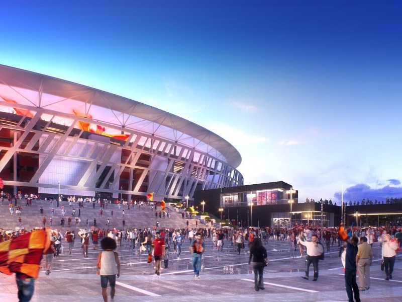 Un'immagine del rendering del progetto dello stadio dell'AS Roma a Tor di Valle (Ansa)&nbsp;<br />