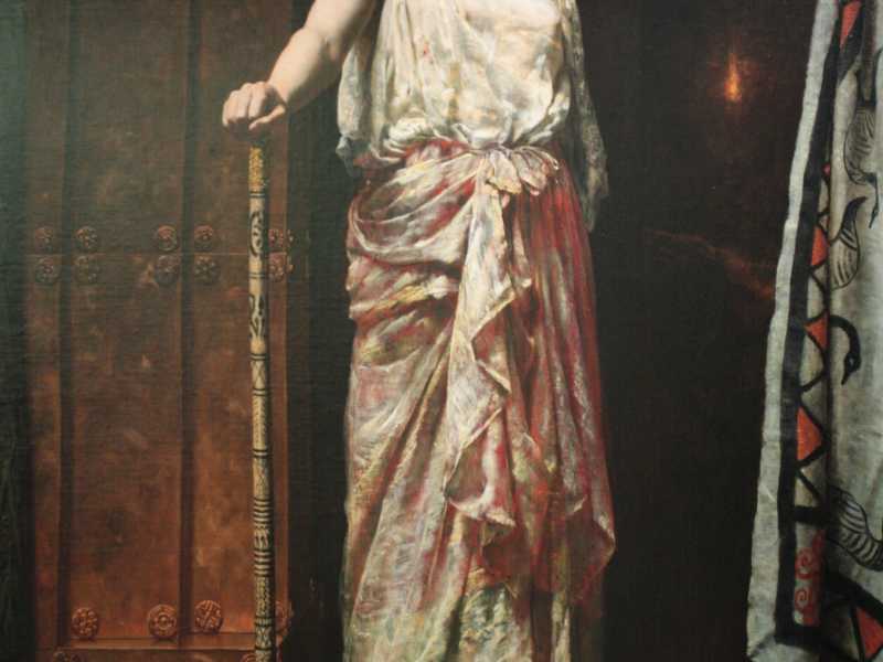 Nella mitologia greca, Clitemnestra fu regina di Micene e assassina di  Agamennone, suo marito. Qui in un dipinto a olio del 1882 di John  Collier (Wikipedia)