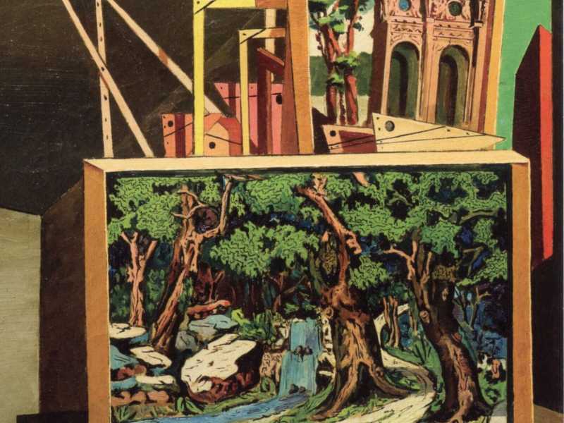Un dettaglio dell'opera di Giorgio De Chirico, &ldquo;Interno metafisico&rdquo; (con alberi e cascata), 1918, Olio su tela, cm. 62X50 Torino, Caterina Bottari Lattes&nbsp;<br />