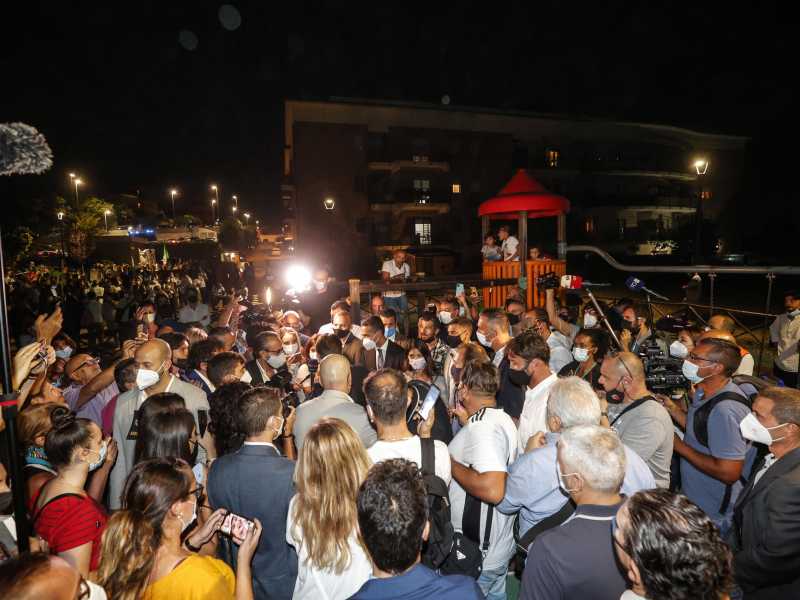 Giuseppe Conte, Virginia Raggi e Luigi Di Maio durante incontro elettorale in zona Colle Monfortani, Roma, 14 Settembre 2021. ANSA/GIUSEPPE LAMI <br />