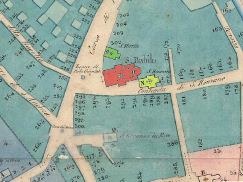 La chiesa di San Babila e dintorni, a Milano, estratto dalla mappa del catasto teresiano del 1751 (Wikimedia Commons) <br />