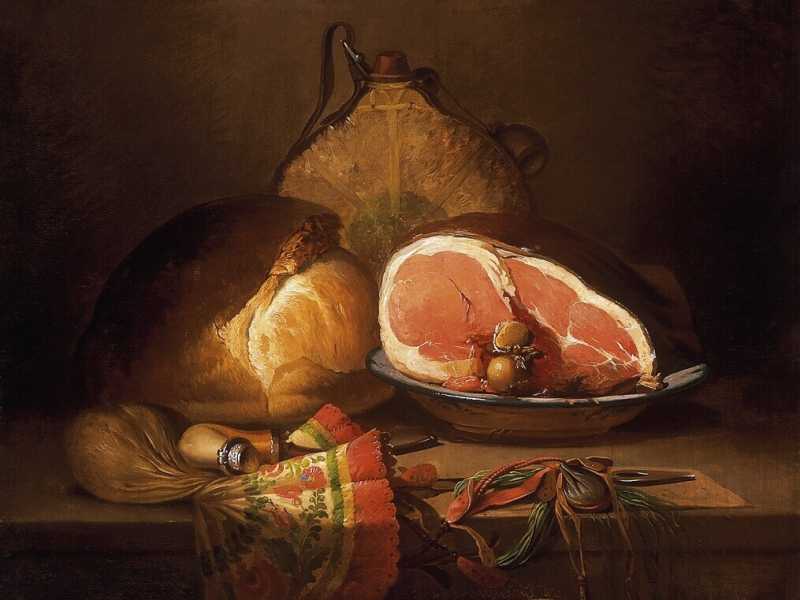 Ferenc Ujhazy, natura morta con prosciutto, 1870 (Wikimedia Commons)<br />