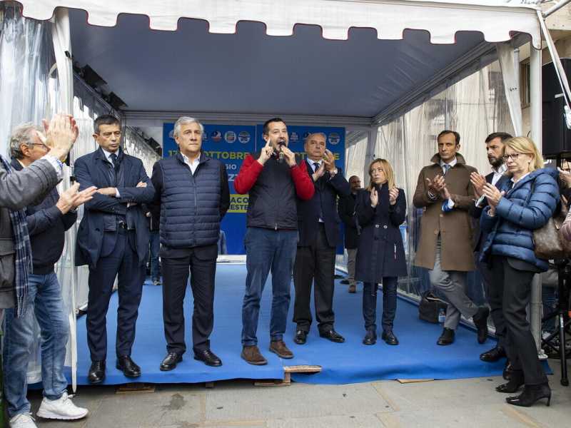Salvini, Tajani, Meloni, Fedriga, insieme a Trieste in occasione della campagna elettorale di Dipiazza (Lapresse)