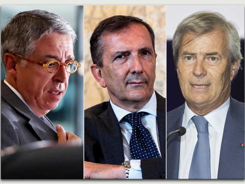 Arnaud Roy de Puyfontaine, Luigi Gubitosi e Vincent Bollore' (Foto Ansa)&nbsp;<br />
