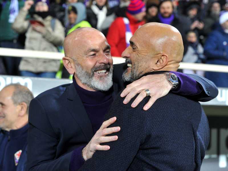 Stefano Pioli con Luciano Spalletti durante Fiorentina-Inter del 24 febbraio 2019 (foto LaPresse)&nbsp;<br />