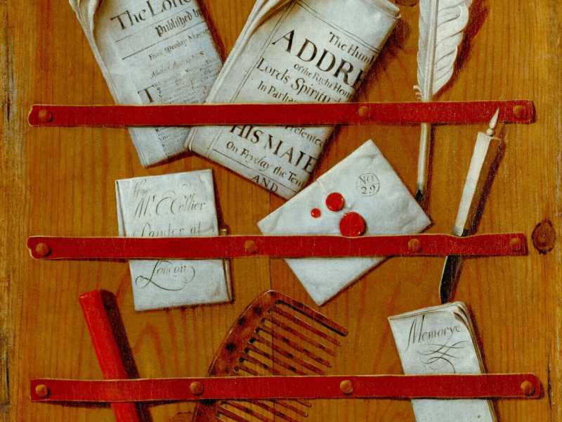 Edwaert Collier. Un trompe l'oeil di un portalettere con carte, un pettine, forbici e un coltello da lettere (circa 1699)&nbsp;- Tate Gallery<br />&nbsp;<br />