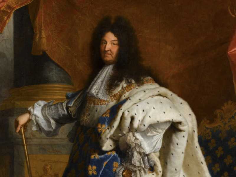 Ritratto di Luigi XIV con gli abiti dell'incoronazione, dipinto nel 1701 dal pittore di corte Hyacinthe Rigaud <br />