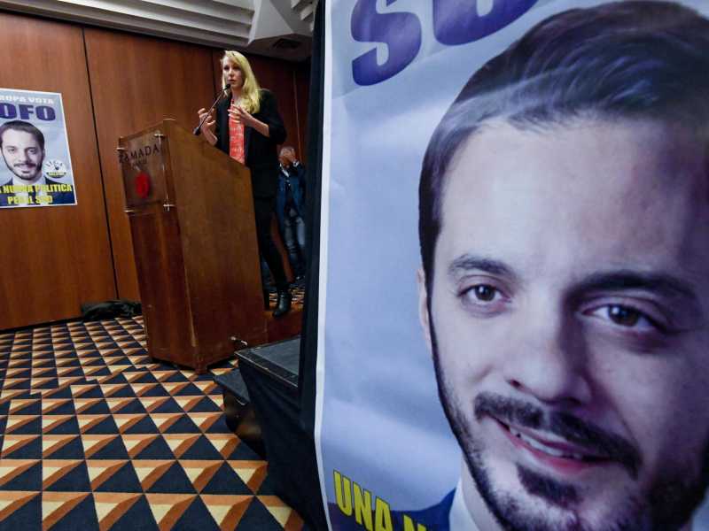 Un evento di Marion Le Pen a supporto di Vincenzo Sofo, suo compagno, alle elezioni europee 2019 (foto Ansa)