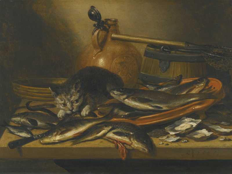 Pieter Claesz, Natura morta con pesce d'acqua dolce e un gatto, 1656 (Wikimedia Commons)&nbsp;<br />