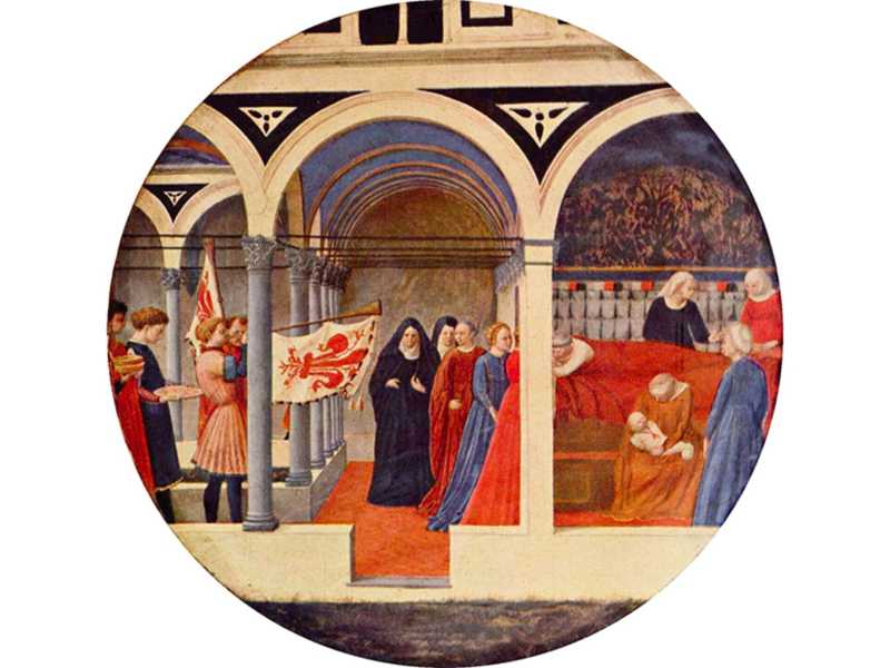 Masaccio. Desco da parto. Tempera su legno, Firenze, 1426 circa, Staatliche Museen Berlino (notare le monache che sbuffano per il suono) <br />