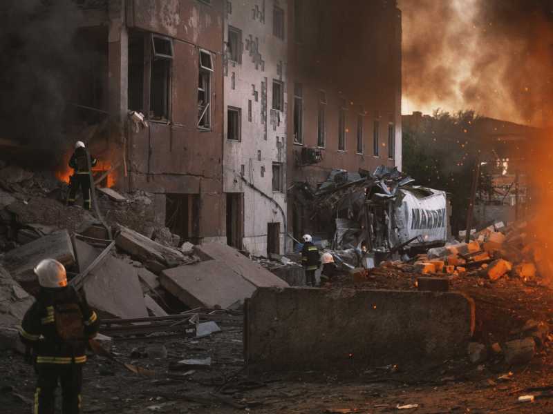Vigili del fuoco intenti a spegnere incendi dovuti ai bombardamenti a Mykolaiv (foto Ap) <br />