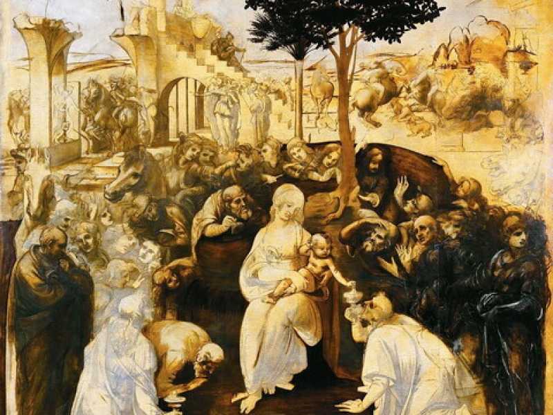 “Adorazione dei Magi”, Leonardo da Vinci, 1481-82 (Wikipedia) <br />