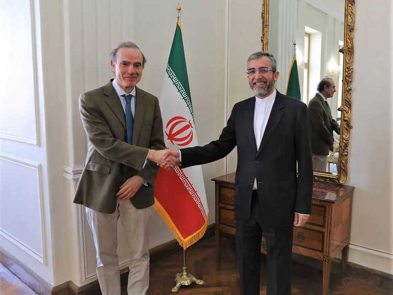 Il capo della delegazione europea ai negoziati di Vienna, Enrique Mora, stringe la mano al capo della delegazione iraniana, Ali Bagheri Kani (foto LaPresse)