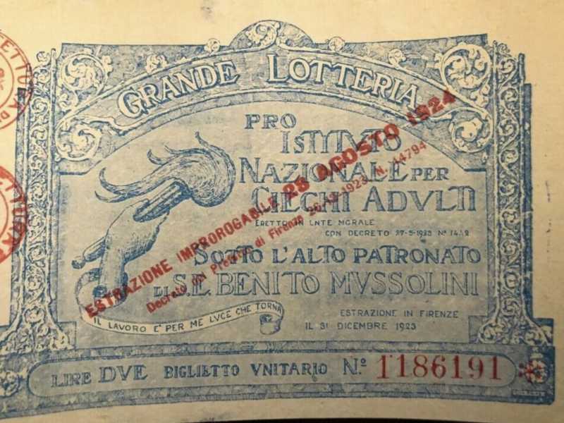 Un biglietto della lotteria del 1923 indetta per raccogliere fondi a favore dell&rsquo;Istituto nazionale per i ciechi di Firenze&nbsp;<br />