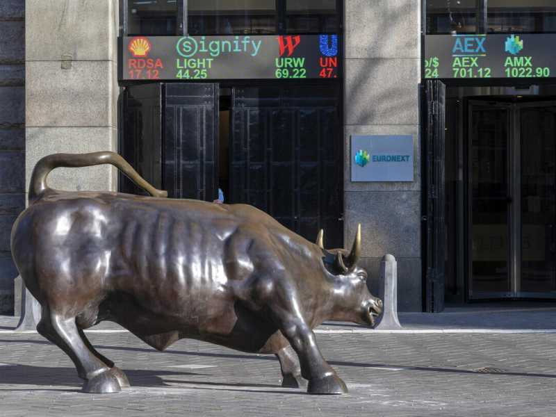 La statua del toro davanti all'ingresso della Borsa di Amsterdam (Ansa)&nbsp;<br />