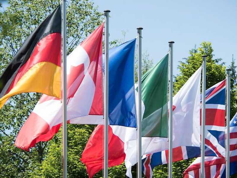 Le bandiere dei paesi membri del G7, durante l'ultimo G7 che si è tenuto a Garmisch-Partenkirchner a giugno (Foto sito del G7) <br />