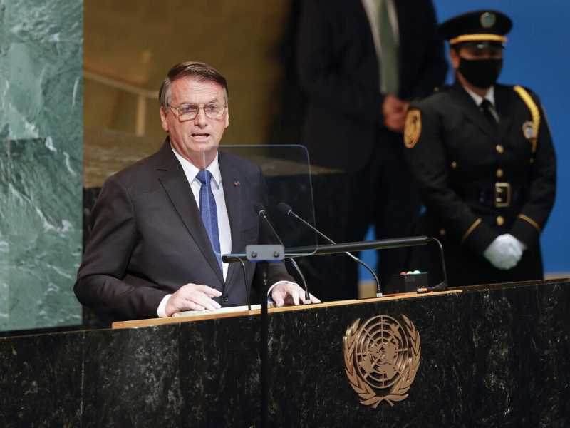 Jair Bolsonaro durante il suo discorso alla 77esima Assemblea generale dell’Onu (Ansa) <br />