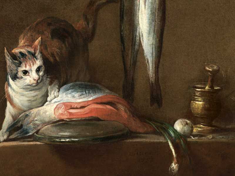Jean Baptiste Sim&eacute;on Chardin, "Natura morta con pesce e gatto", 1728&nbsp;<br />