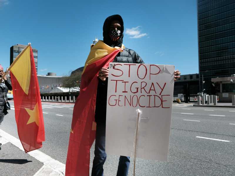Attivisti davanti alla sede delle Nazioni Unite per protestare contro il conflitto nel Tigray (Foto di Spencer Platt/Getty Images) <br />