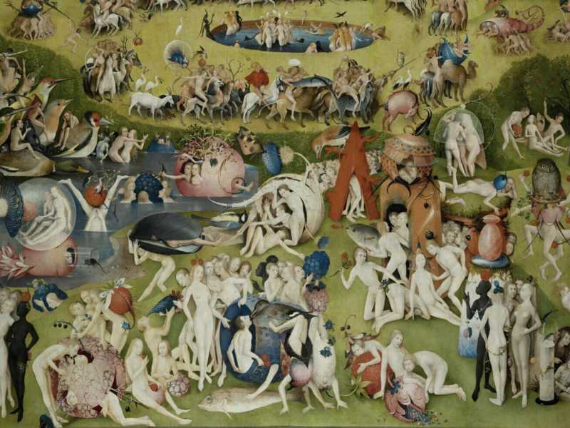 Bosch, connivente con il Male quando seduce, e algido col Bene, che rende sempre con tinte troppo incolori (“Il giardino delle delizie”, part.) <br />