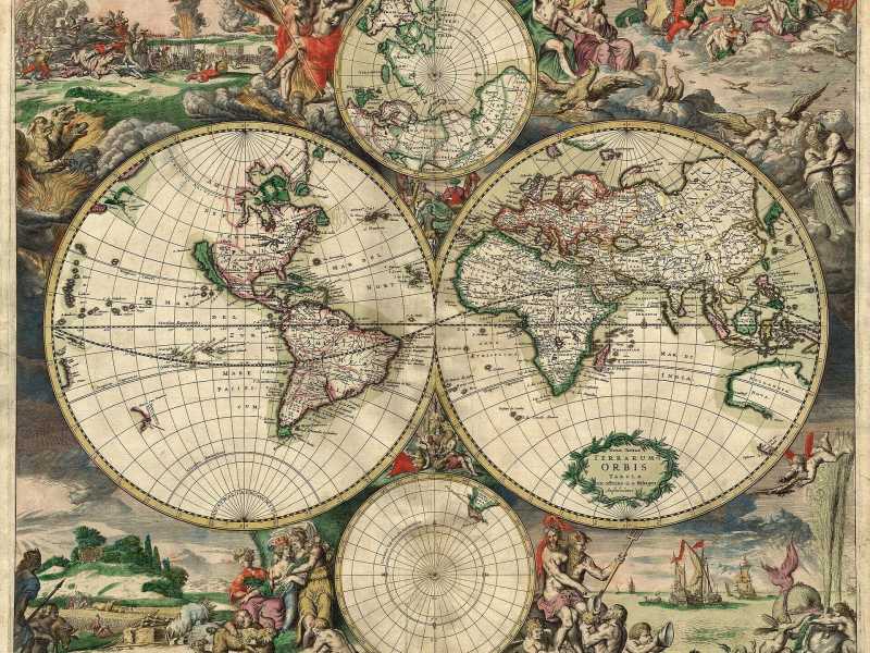 Una delle mappe del mondo disegnata da Gerard van Schagen, incisore e cartografo, nel 1689 (Wikipedia) <br />