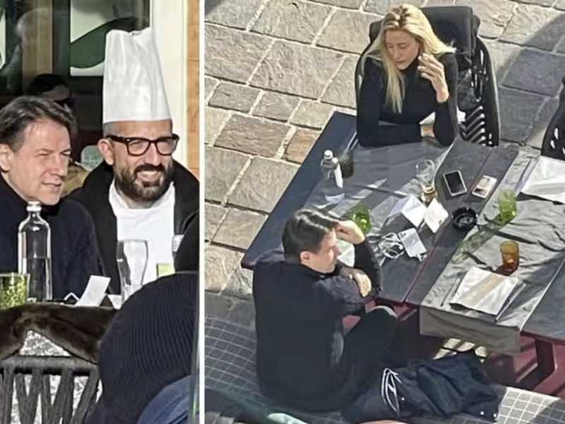 Le foto dell&rsquo;ex presidente del Consiglio Conte davanti al Grand Hotel Savoia di Cortina diffuse da Dagospia&nbsp;<br />