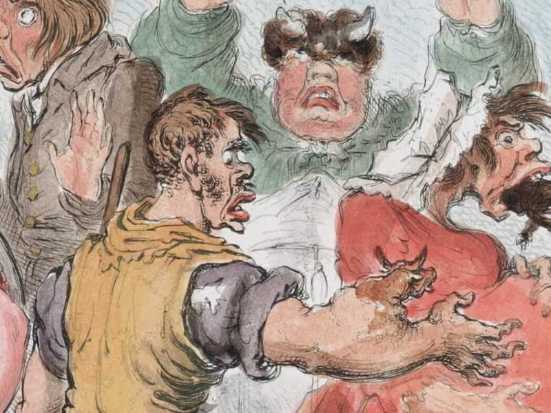Un fumetto di James Gillray del 1802 sulla vaccinazione contro il vaiolo (dettaglio) <br />