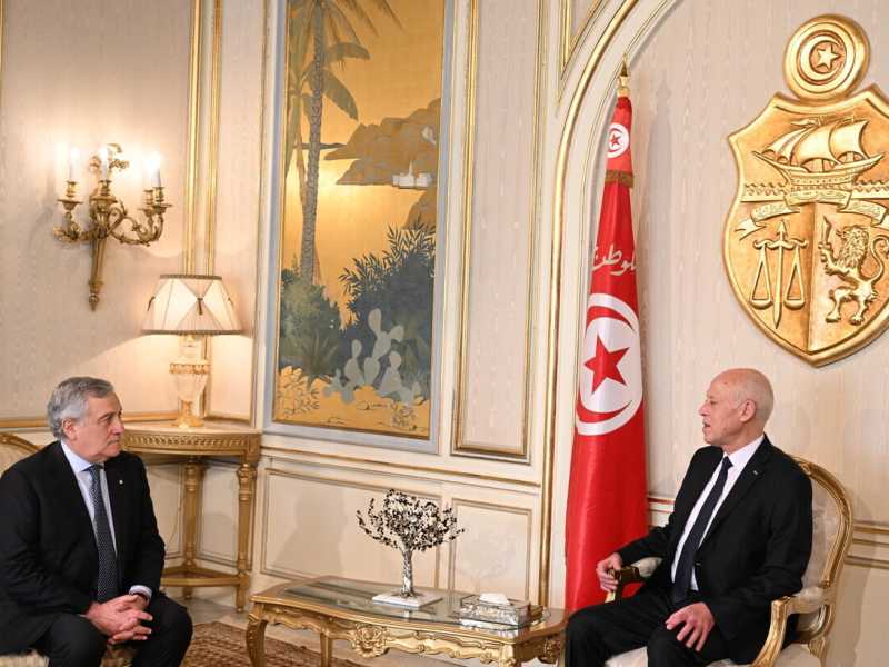 Il ministro degli Esteri Antonio Tajani e il presidente tunisino Saied (Ansa)
