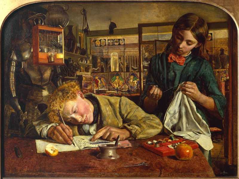 Robert Braithwaite Martineau, Kit's Writing Lesson (1852), olio su tela, The Tate Gallery <br />