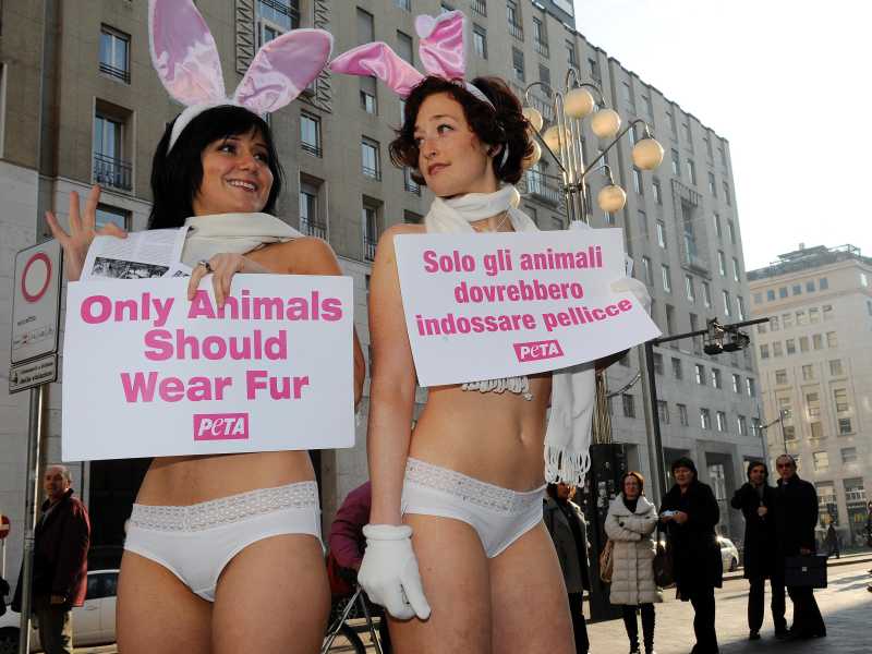 Militanti Peta a Milano contro l&rsquo;uso di pellicce (foto Ansa)&nbsp;<br />