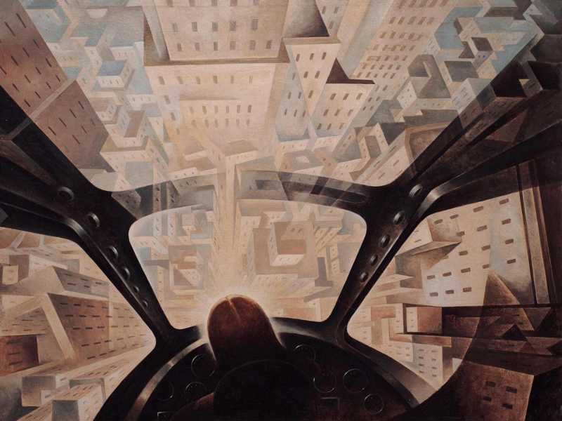 Dettaglio da &ldquo;Incuneandosi nell&rsquo;abitato&rdquo; di Tullio Crali, 1938 (Ansa)&nbsp;<br />