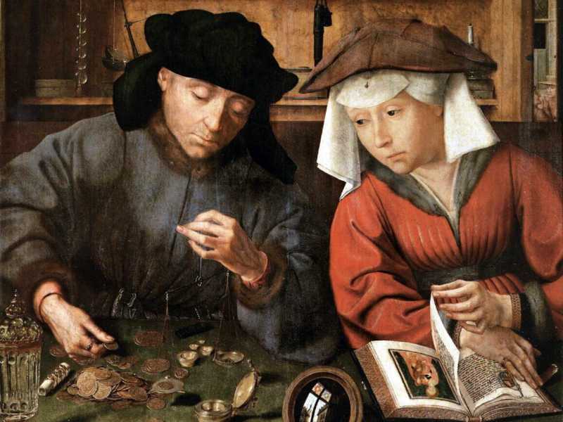Quentin Metsys, Il cambiavalute (Le Prêteur et sa femme), 1514, olio su tavola, 70 x 67 cm. Parigi, Musée du Louvre <br />