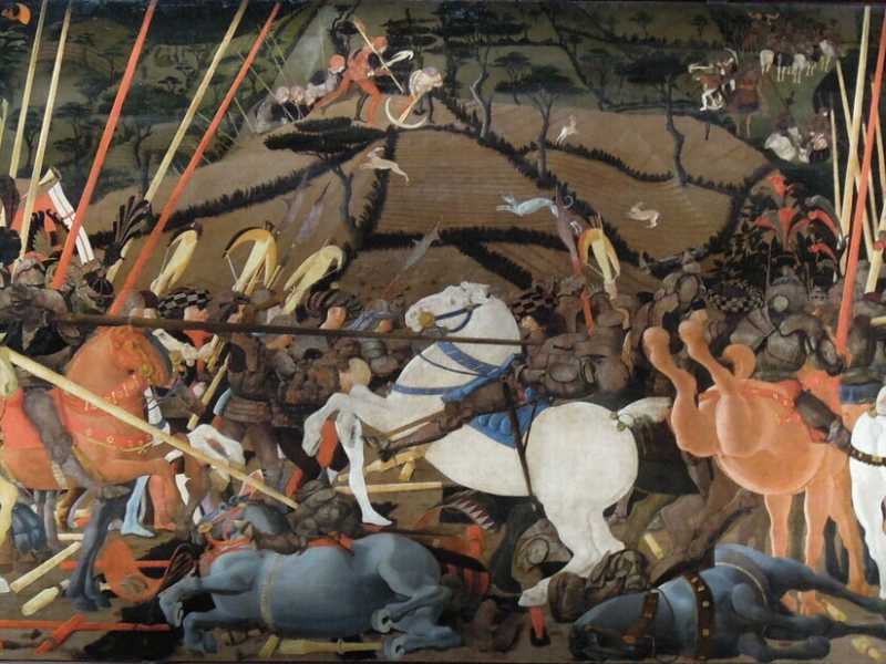 L&rsquo;episodio del &ldquo;Disarcionamento di Bernardino della Carda&rdquo; nella &ldquo;Battaglia di San Romano&rdquo;, Paolo Uccello 1438 circa (Wikipedia)&nbsp;<br />