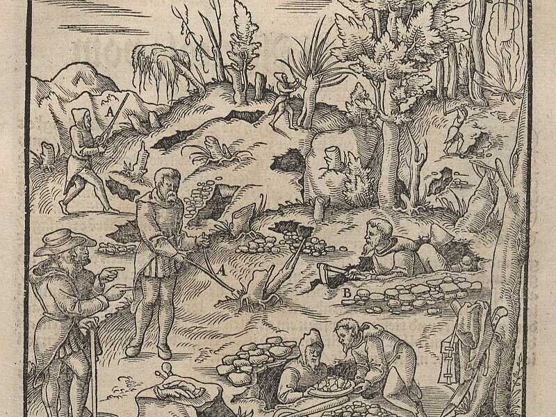 Alla ricerca di giacimenti di minerali, rabdomanti (Georgius Agricola & Johann Becher) via Wikimedia <br />