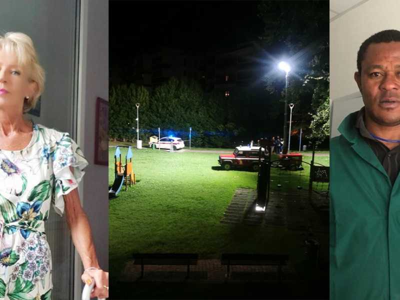 Iris Setti ( a sinistra) e il suo omicida, Nweke Chukwuka. Al centro il luogo del delitto, il parco Nikolajewka di Rovereto <br />