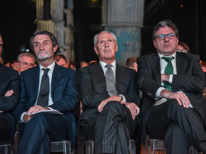 Attilio Fontana Marco Tronchetti Provera e Giancarlo Giorgetti, foto Ansa