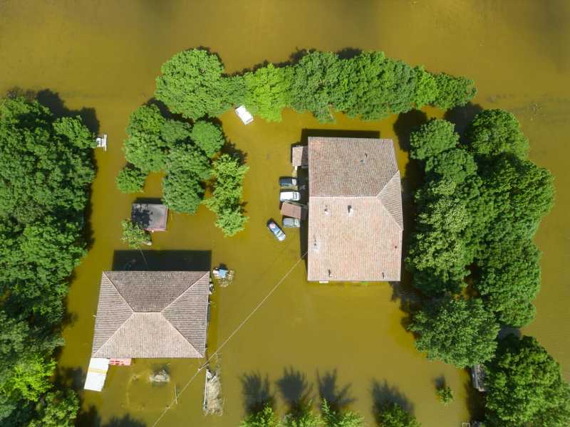 Una veduta aerea di Selva Malvezzi (BO), dopo l'alluvione che ha colpito l'Emilia Romagna a maggio (Ansa)&nbsp;<br />