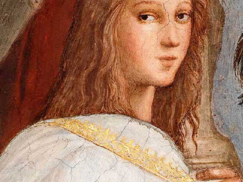 La figura vestita di bianco nella “Scuola di Atene” di Raffaello, erroneamente identificata come la filosofa Ipazia (Wikipedia) <br />