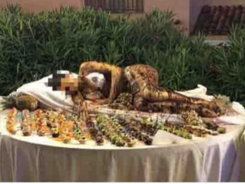 Il buffet in un hotel in Gallura con la ragazza in costume da bagno ricoperta di cioccolato stesa accanto ai pasticcini (LinkedIn/Federico Mazzieri) <br />