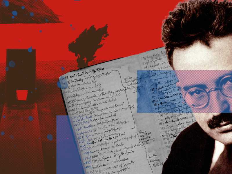 Il memoriale di Portbou, la lista di lettura e un ritratto fotografico di Walter Benjamin (Olycom). Elaborazione grafica Enrico Cicchetti<br />