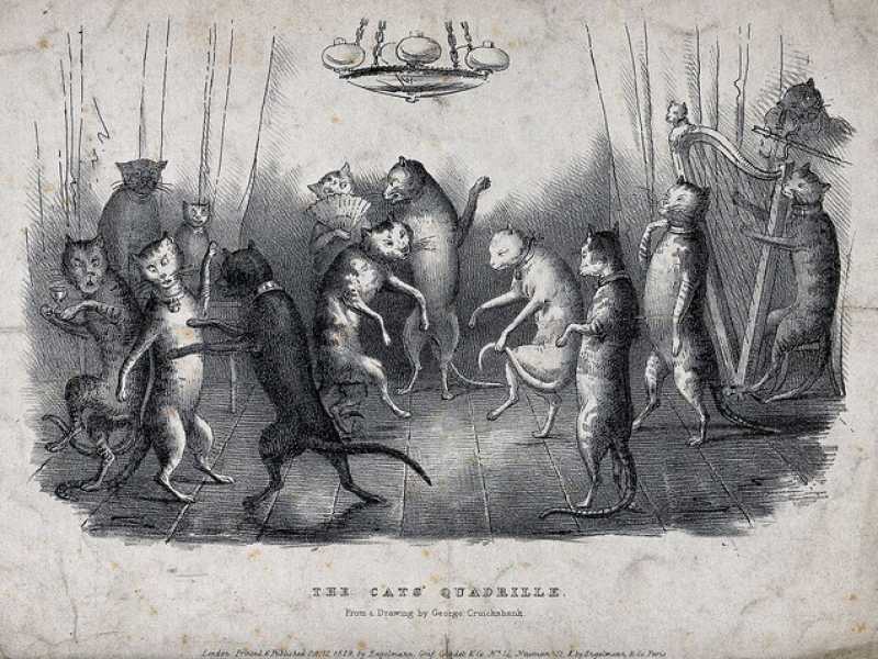Gatti che ballano e suonano strumenti. Litografia, 1829 circa <br />