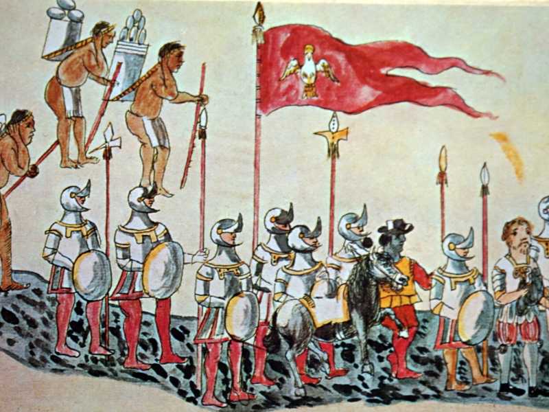Un dipinto ad acquerello del XVI secolo mostra l'esercito di Cortes in marcia su Citt&agrave; del Messico (Universal History Archive via Getty Images)&nbsp;<br />