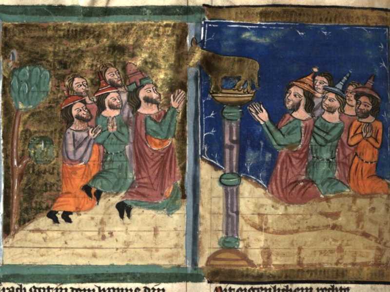  Gli israeliti adorano il vitello d'oro (Boemia, miniatura del 1350 ca.) - foto Wikipedia