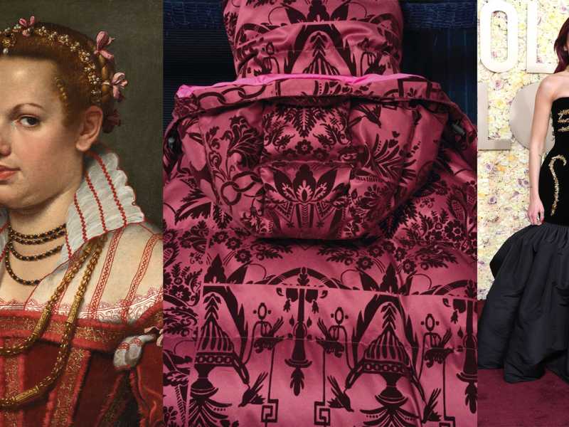 Giovan Battista Moroni, Ritratto di Isotta Brembati. Un tessuto di Isa seta. Dua Lipa in abito Schiaparelli ai Golden Globes 2024<br />