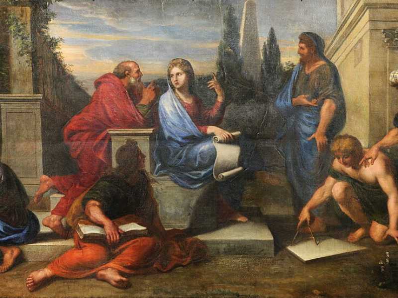 Michel Corneille il Giovane, “Aspasia circondata dai filosofi greci”, 1670 circa (Wikipedia) <br />