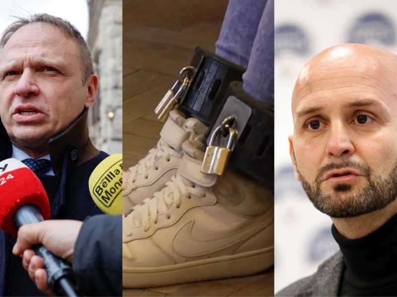  Francesco Lollobrigida e Nicola Procaccini. Al centro le caviglie ammanettate di Ilaria Salis - foto Ansa