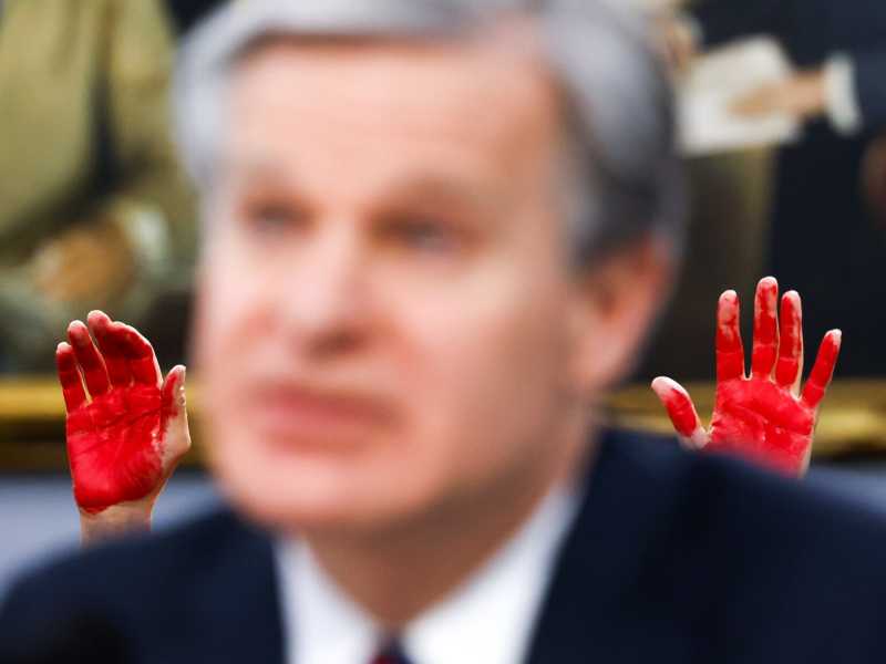  I palmi macchiati di rosso di un manifestante per le vittime di Gaza dietro a Christopher Wray, capo del Federal Bourau of Investigation