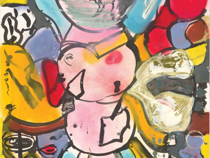 Per le donne, senza titolo. Eddie Martinez (2024). Olio, pittura acrilica e spray su stampa litografica, realizzata per questo numero del “Foglio della Moda” (dettaglio)<br />