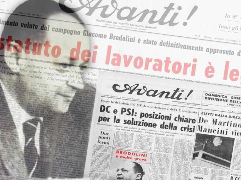 Un fotomontaggio con il profilo di Brodolini e le pagine dell&rsquo;Avanti con le notizie della sua malattia e dell&rsquo;approvazione dello Statuto (dal sito osservatorioglobalizzazione.it)<br />