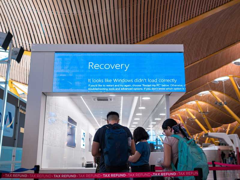 L'aeroporto internazionale di Madrid-Barajas durante l'interruzione delle comunicazioni globali causata da CrowdStrike (Foto di Diego Radames/Anadolu via Getty Images) <br />
